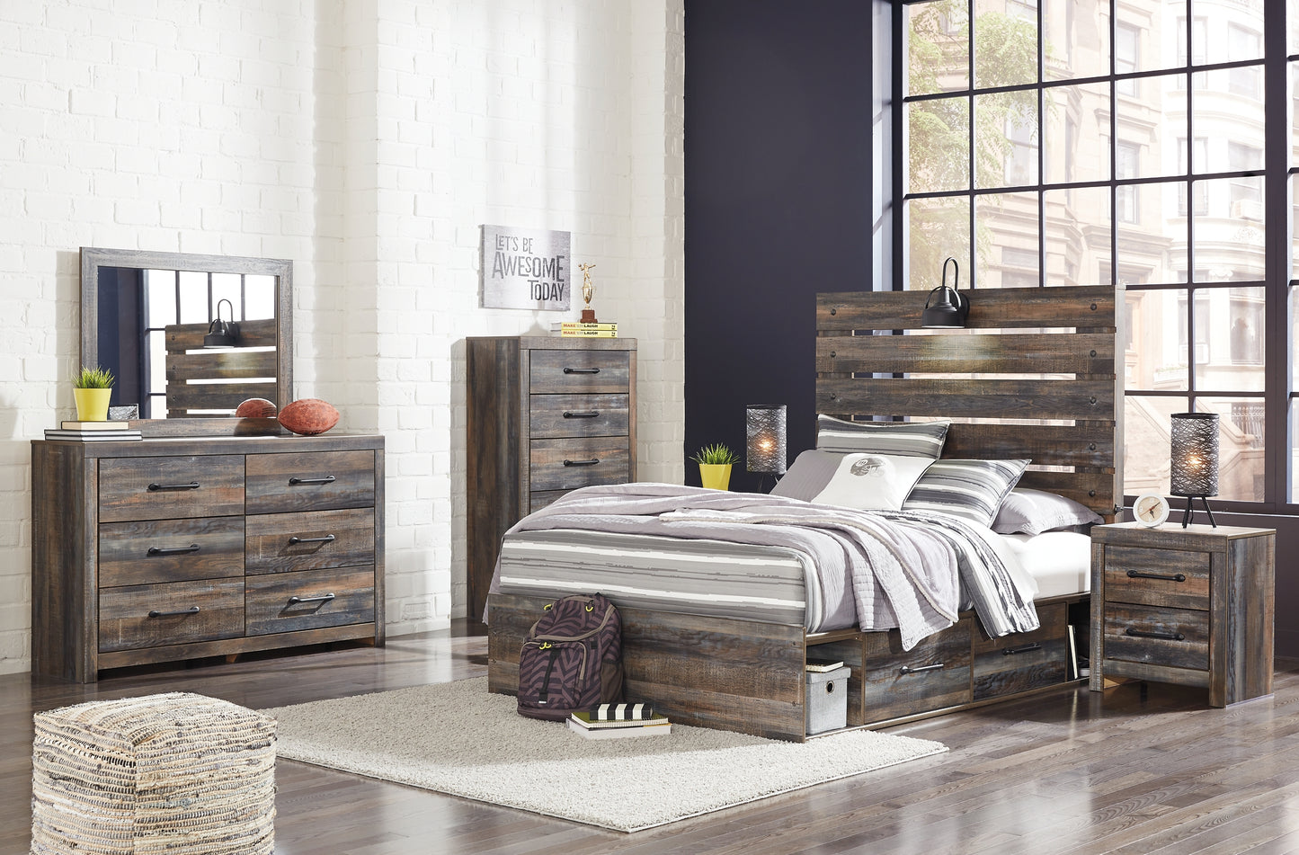 Drystan Twin Panel Bed with 2 Storage Drawers with Mirrored Dresser, Chest and Nightstand