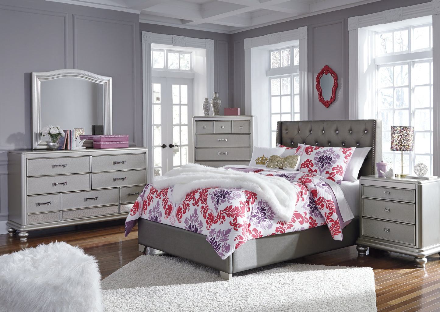 Coralayne Full Upholstered Bed with Mirrored Dresser and 2 Nightstands