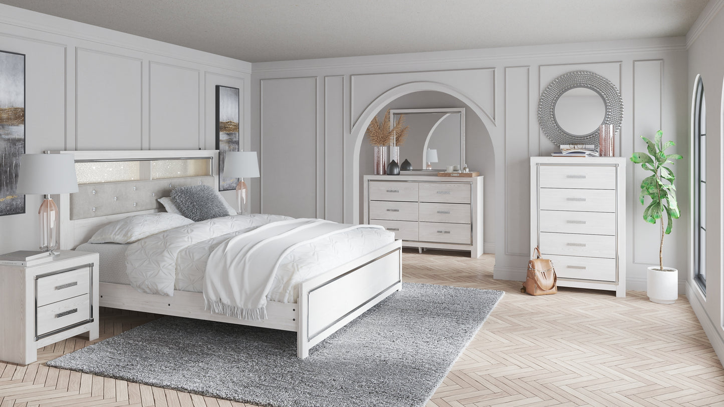 Altyra King Panel Bookcase Bed with Mirrored Dresser and Chest