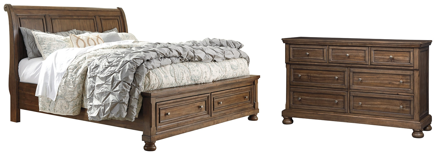 Flynnter  Sleigh Bed With 2 Storage Drawers With Dresser With Dresser
