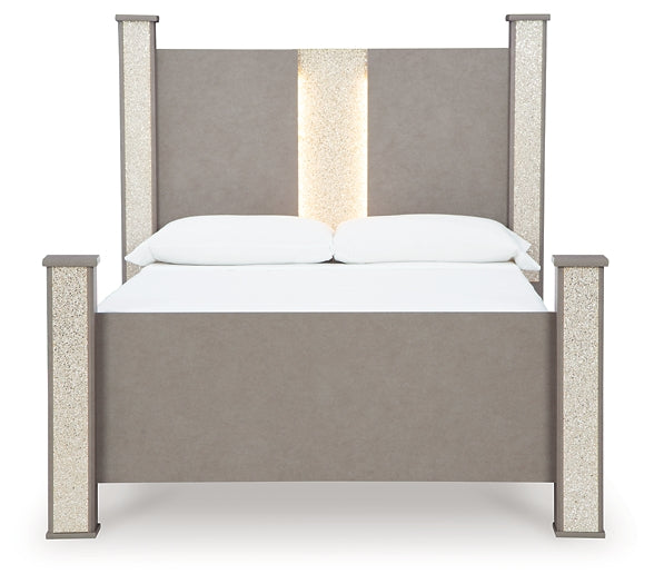 Surancha Queen Poster Bed with Mirrored Dresser and 2 Nightstands