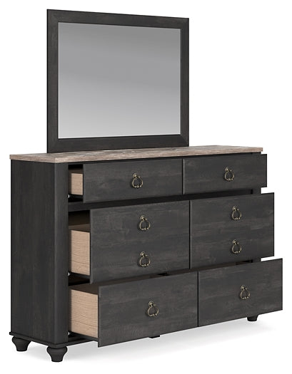 Nanforth King/California King Panel Headboard with Mirrored Dresser and Nightstand