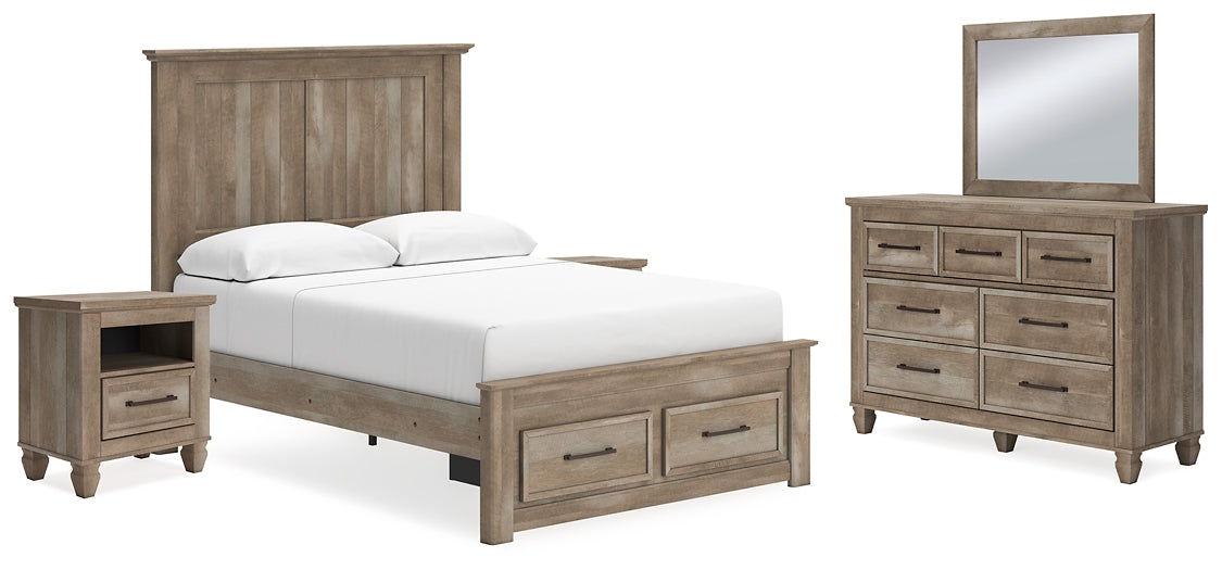Yarbeck Queen Panel Bed with Storage with Mirrored Dresser and 2 Nightstands